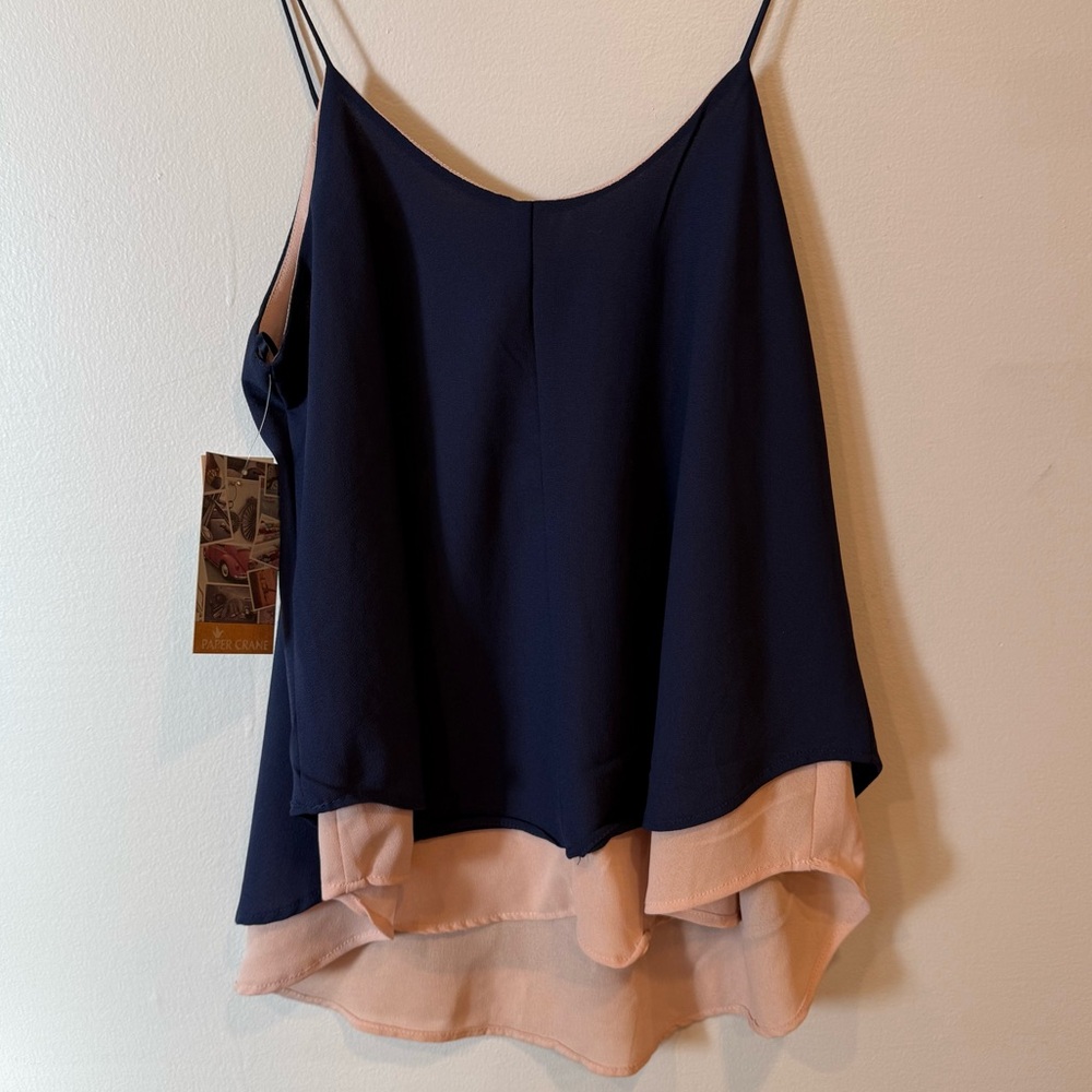 Paper Crane Anthropologie NWT Layered Chiffon Cami Navy Blue & Tan Size Small